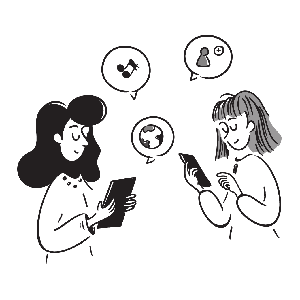 Two people using mobile devices with speech bubbles showing music, a globe, and a person symbol, indicating online communication or sharing.