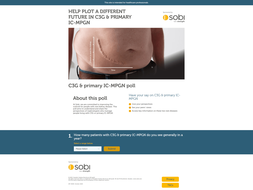 A website poll page for C3G and primary IC-MPGN featuring a close-up of a person’s abdomen with a surgical scar, informational text, and selectable poll options.