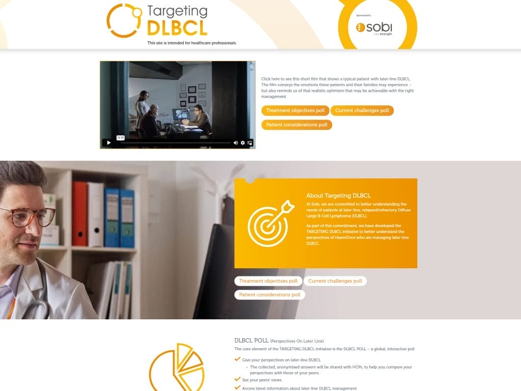 Webpage displaying information about DLBCL treatment, featuring a video, text sections on treatment objectives, current challenges, and patient considerations, with a focus on healthcare professionals