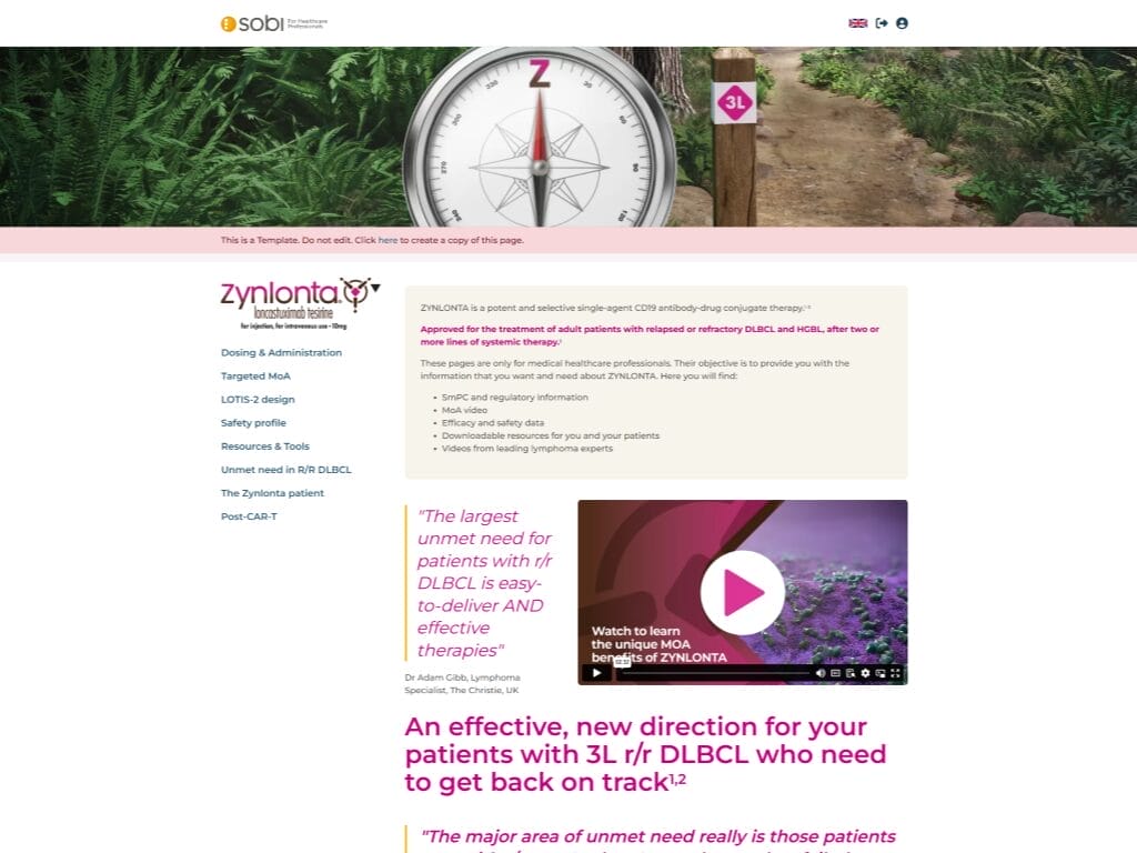Webpage displaying information about Zynlonta, a treatment for DLBCL. Includes sections on dosing, administration, and efficacy. The design features a pathway image and a decorative letter Z.